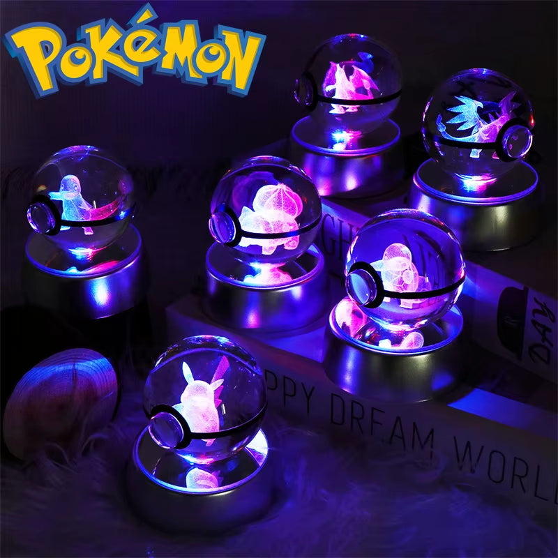 Pokemon 3D Crystal Ball Figure Toys Mimikyu Charizard Gengar Cubone Rayquaza Figurines Pokeball with LED Light Model Doll Gifts