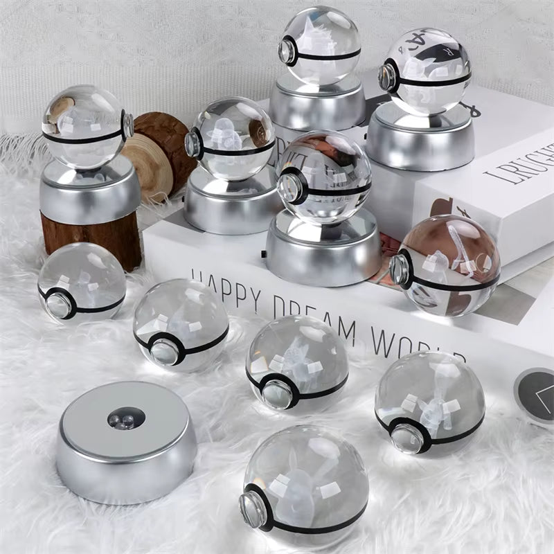 Pokemon 3D Crystal Ball Figure Toys Mimikyu Charizard Gengar Cubone Rayquaza Figurines Pokeball with LED Light Model Doll Gifts