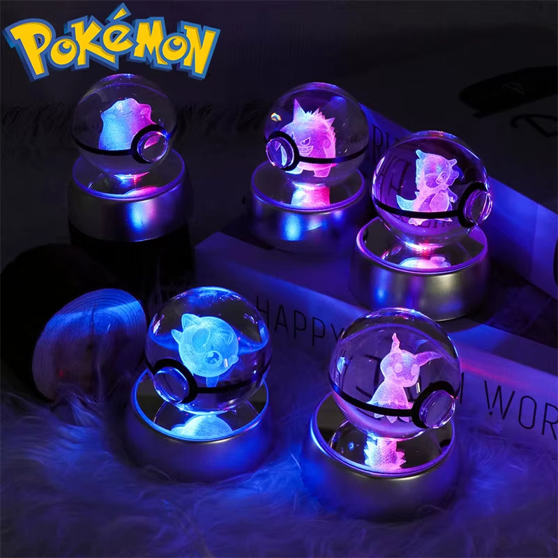 Pokemon 3D Crystal Ball Figure Toys Mimikyu Charizard Gengar Cubone Rayquaza Figurines Pokeball with LED Light Model Doll Gifts